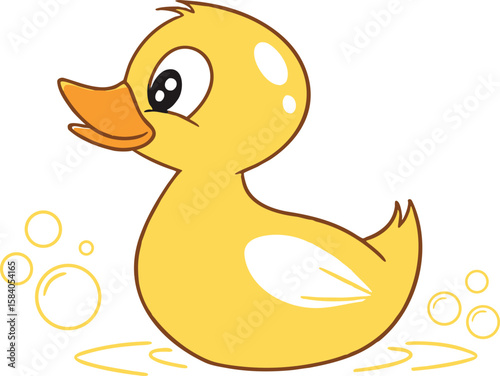 Cheerful yellow duck with orange beak and bubbles cartoon cute