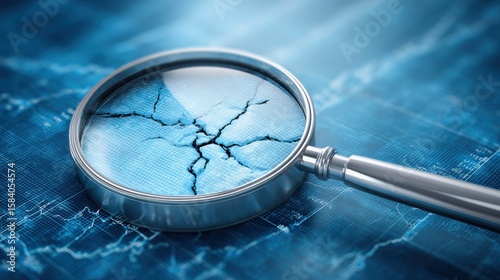 Financial Market Concepts in Times of Crisis. A magnifying glass highlights a cracked surface on a digital blue grid, symbolizing data vulnerability or cybersecurity breach.