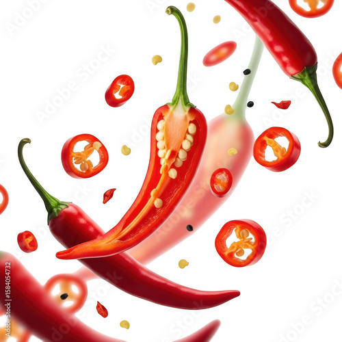Flying red chili peppers and slices isolated on transparent background