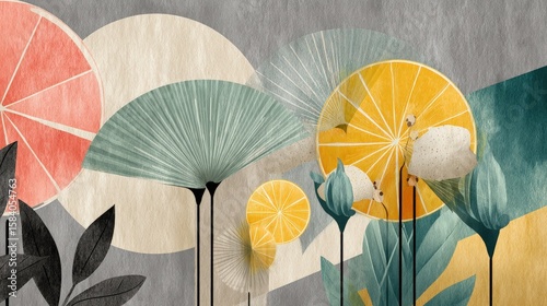 Vibrant abstract illustration of citrus fruits and leaves against a textured background