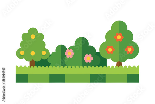 Cartoon Lawn Scene With Patterned Hedges