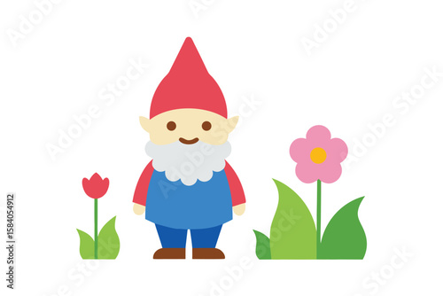 Cartoon Garden Gnome Standing Near Flowers