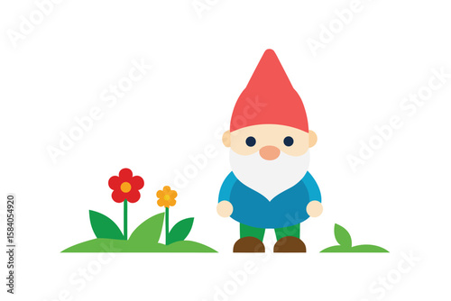 Cartoon Garden Gnome Standing Near Flowers