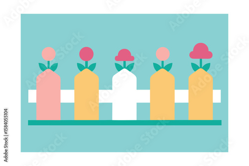 Cartoon Fence Painted In Pastel Colors With Flower Beds