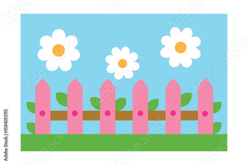 Cartoon Fence Along A Flower Bed With Daisies And Grass