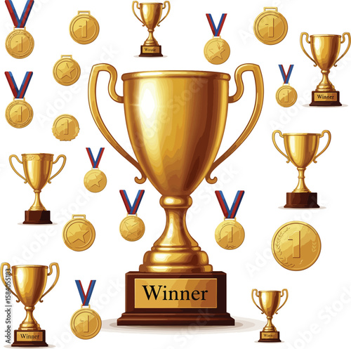 Winner's Golden Trophies and Medals Collection - First Place Award Vector Set