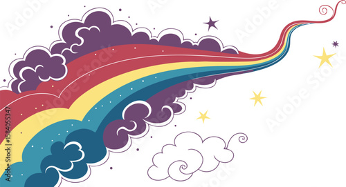 Colorful rainbow arc with purple clouds and yellow stars vector