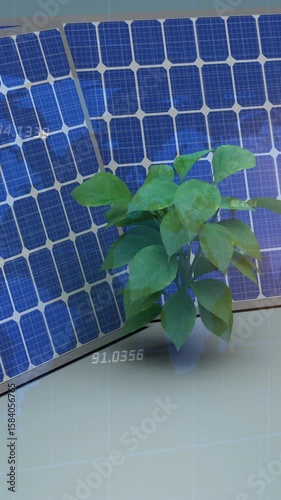 Animation of numbers and world map over solar panel and plant sampling on blue background
