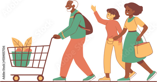 Diverse family shopping together with groceries cart people