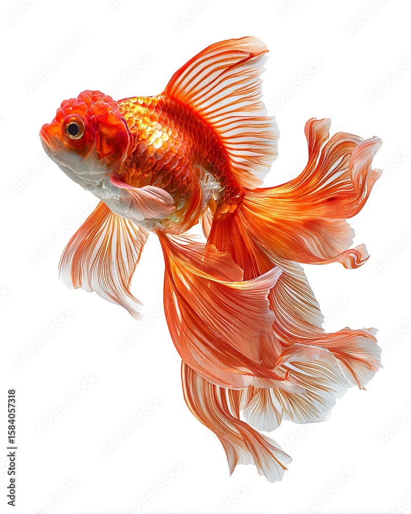 Fototapeta premium Elegant goldfish with flowing tail and fins, isolated on white. Common for aquatic or pet themes.