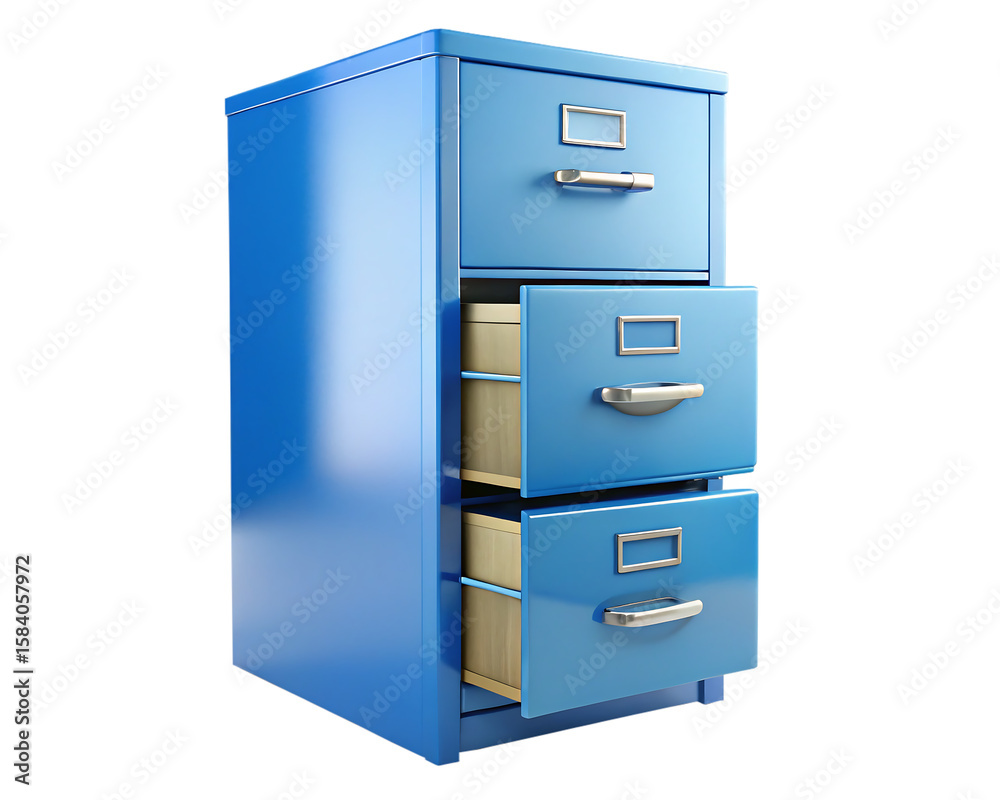 Blue three drawer metal filing cabinet with open drawers and wood interiors isolated on a transparent background Blue three drawer metal filing cabinet with open drawers and wood interiors isolated on a transparent background