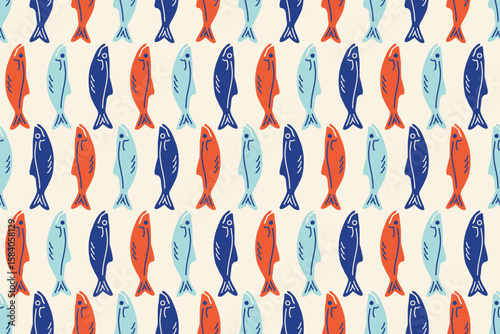 La dolce vita seamless pattern. Retro Mediterranean fishes. Sea background in Italian sicily style. Sardines silhouette. Doodle Hand drawn Seafood for print, wall art, interior, menus, cafe. Vector