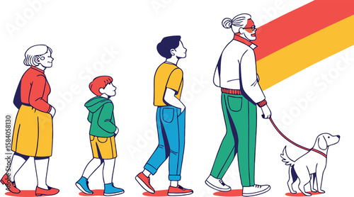 Diverse people and dog walking together in colorful attire diversity generations