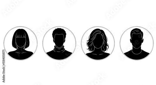 Profile Icons: Diverse Set of Male and Female Silhouettes for User Avatars