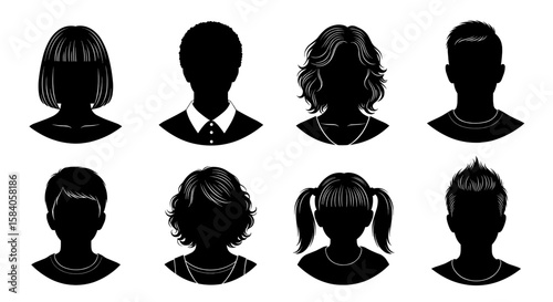 8 Black Silhouettes: Profile Pictures, Avatar Icons, Diverse Hairstyles