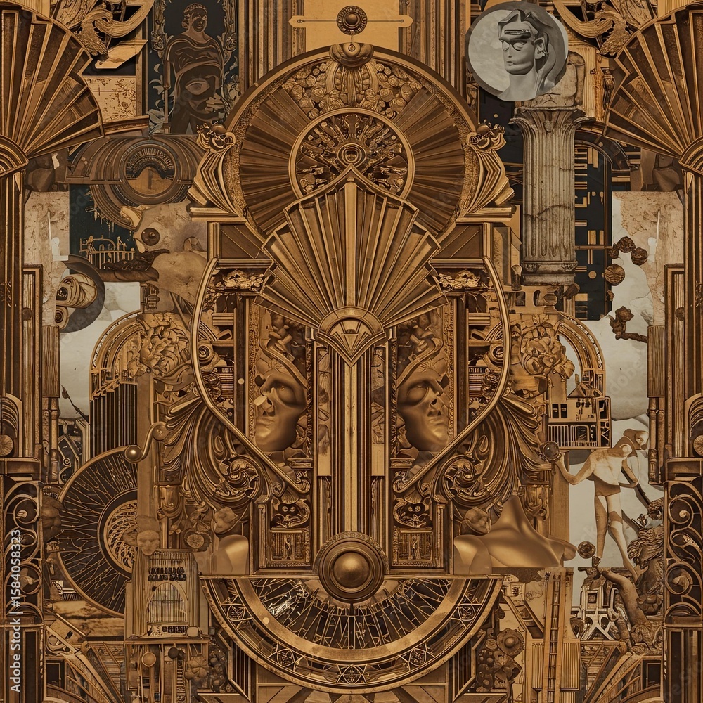 Naklejka premium Art Deco Architectural Collage Gold Geometric Patterns Sculptures and Classical Elements