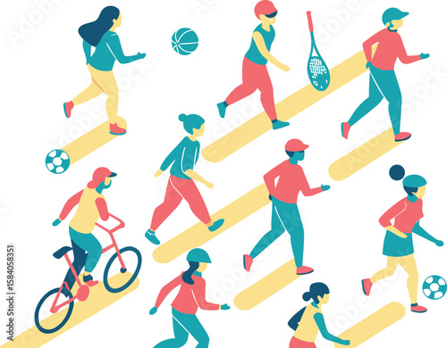 Diverse people engaged in various sports and activities running cycling