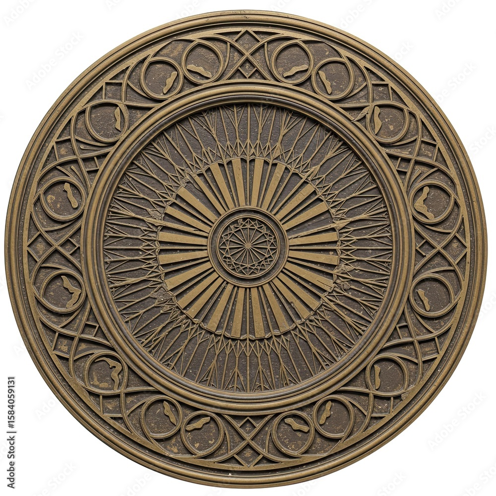 Fototapeta premium Ornate bronze circular medallion with geometric and radial design elements 1024x1024 pixels