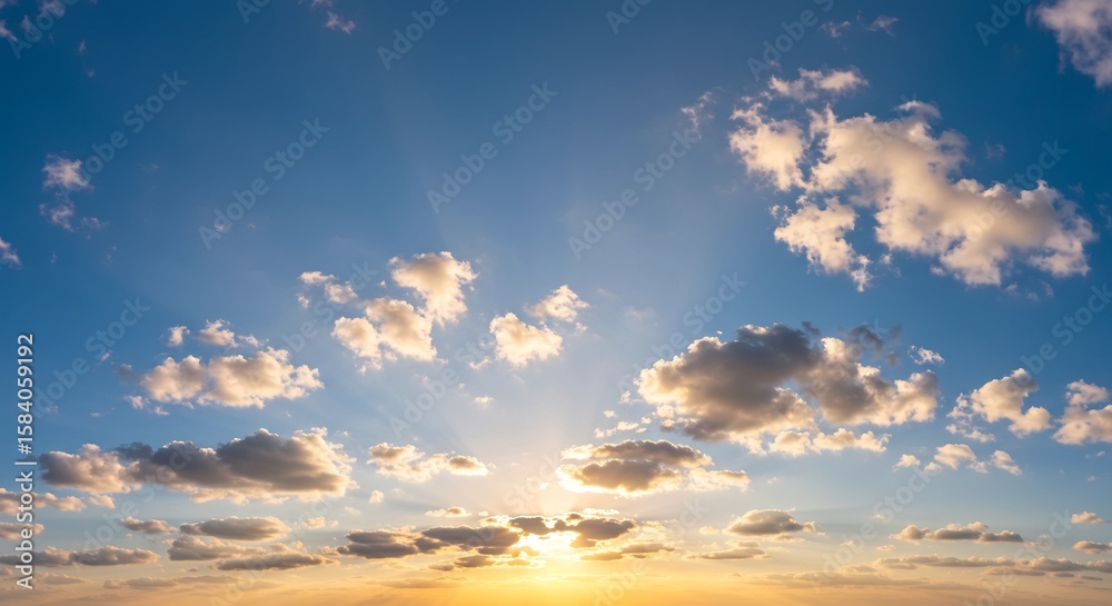 Golden sunset rays pierce fluffy clouds a vibrant blue sky. AI Generated Golden sunset rays pierce fluffy clouds a vibrant blue sky. AI Generated