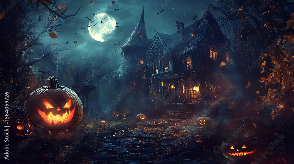 Naklejka premium Halloween is a spooky, mysterious, and thrilling holiday filled with eerie excitement and supernatural charm. It’s a night of costumes, candy, and creepy fun where haunted houses, carved pumpkins, and