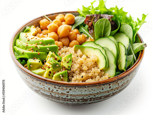 Bowl saludable con quinoa, aguacate, garbanzos y vegetales frescos