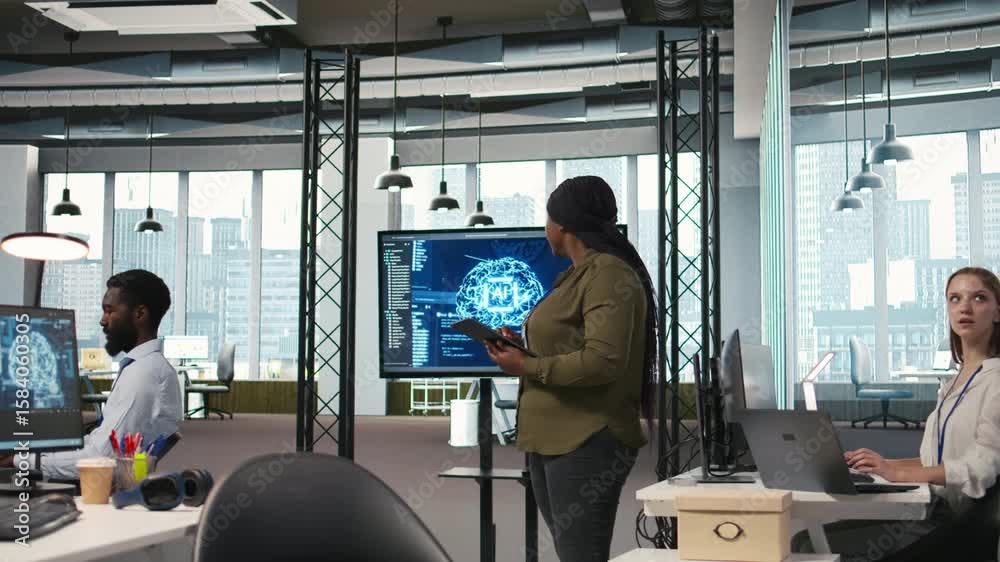 Female programmer coding AI algorithms on tablet to debug software issues and improving system stability. Woman in tech startup office configuring settings using device, camera A