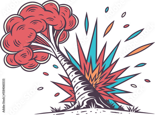 Exploding tree with red smoke and colorful shards explosion
