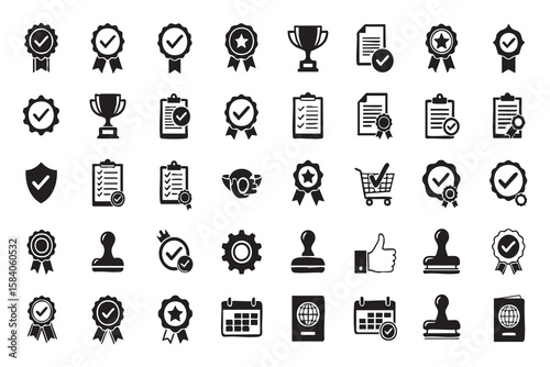 Award ribbons trophies checklists documents shields gears shopping carts thumbs up stamps calendars passports