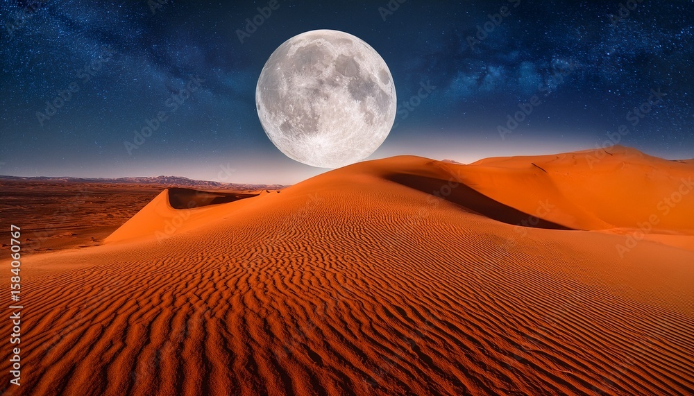 Naklejka premium a surreal desert landscape under a large moon featuring vibrant orange sands and wispy clouds against a starry night sky