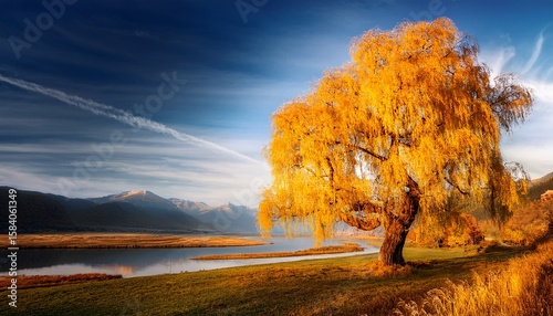 golden willow tree in autumn landscape nature scene peaceful environment artistic viewpoint