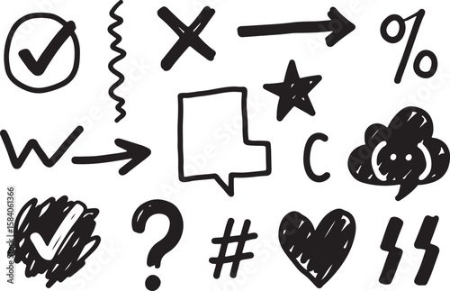 Collection of hand drawn black doodle icons and symbols including check mark cross arrows star speech bubble heart and question mark isolated on transparent background