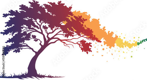 Gradient tree with falling leaves purple orange