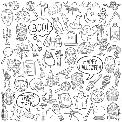 Halloween Party Traditional Doodle Icons Sketch Hand Made Design Vector	
