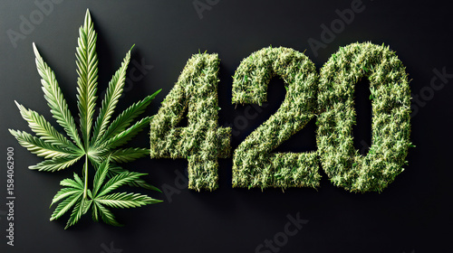 Number 420 made of cannabis flowers on black background