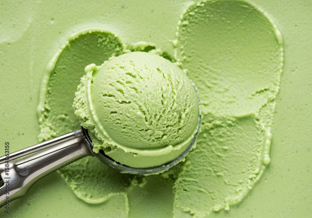 Obraz premium Delicious Green Mint Ice Cream Scoop Nestled on a Smooth Creamy Surface of Minty Delight