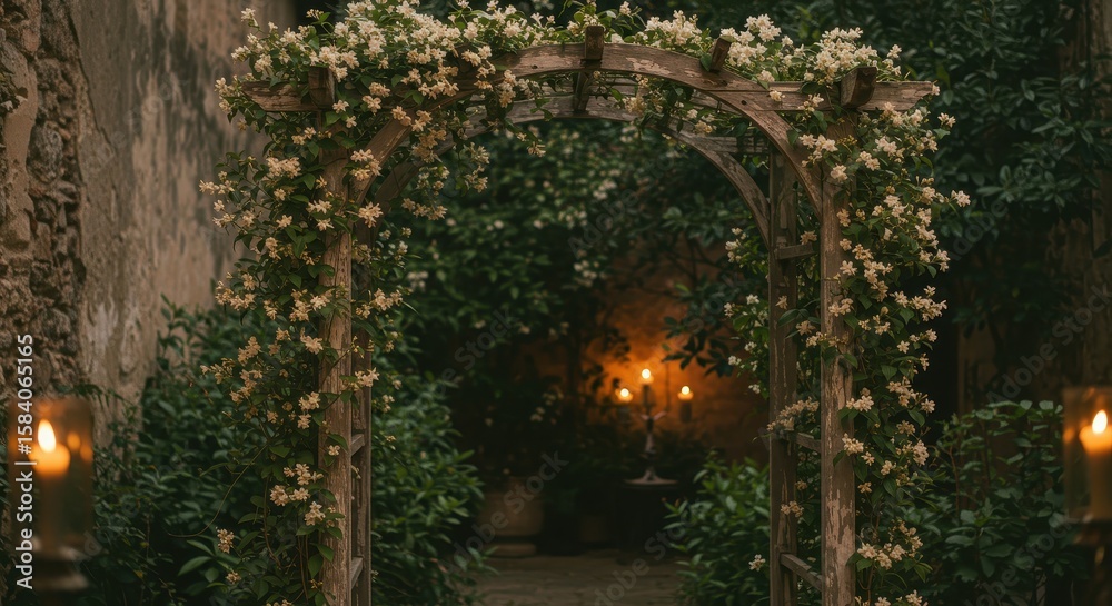Obraz premium Romantic Floral Archway Surrounded by Lush Greenery and Soft Candlelight in a Vintage Garden