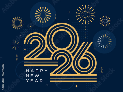 2026 Happy New Year with fireworks design vector illustration. Unique 2026 logo design template. In gold and blue color