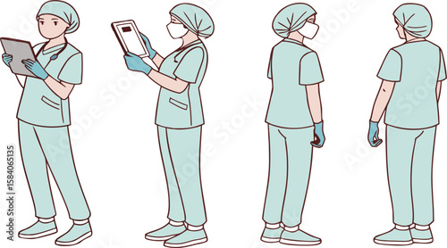 Medical professionals in scrubs and masks healthcare nurse