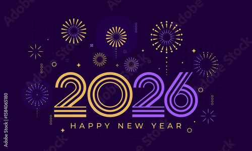2026 Happy New Year with fireworks design vector illustration. Unique 2026 logo design template. In gold and purple color