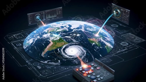A futuristic control panel monitoring Earth with a focus on a hurricane, showcasing data analytics