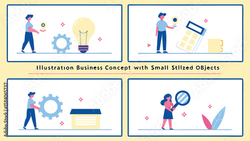 People interacting with business symbols and objects illustration concept
