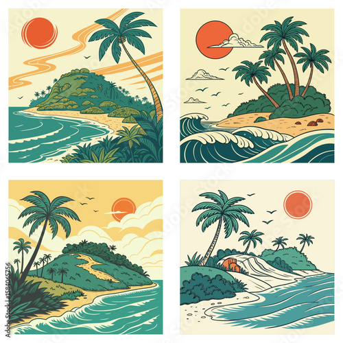 A tropical island with a bright, orange retro sun and blue waves.