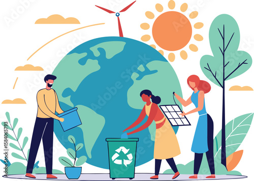 People recycling and using solar power near planet earth solar panel wind turbine