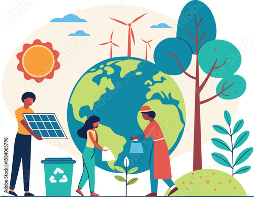 People planting trees and using solar power near earth planet solar panel