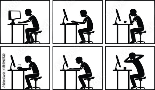 Person working at computer showing different emotions and actions desk chair