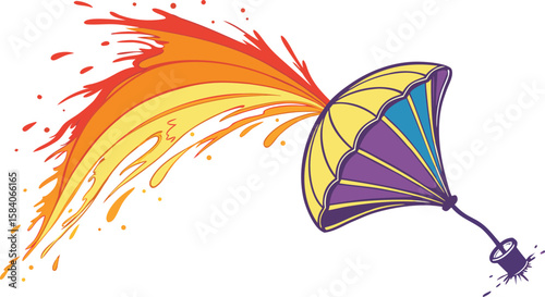 Purple yellow umbrella ejecting fiery orange splash blue