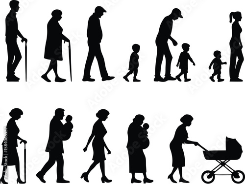 Silhouettes of people of different ages and stages of life generations family
