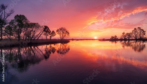 pink and orange sunset over calm water with trees