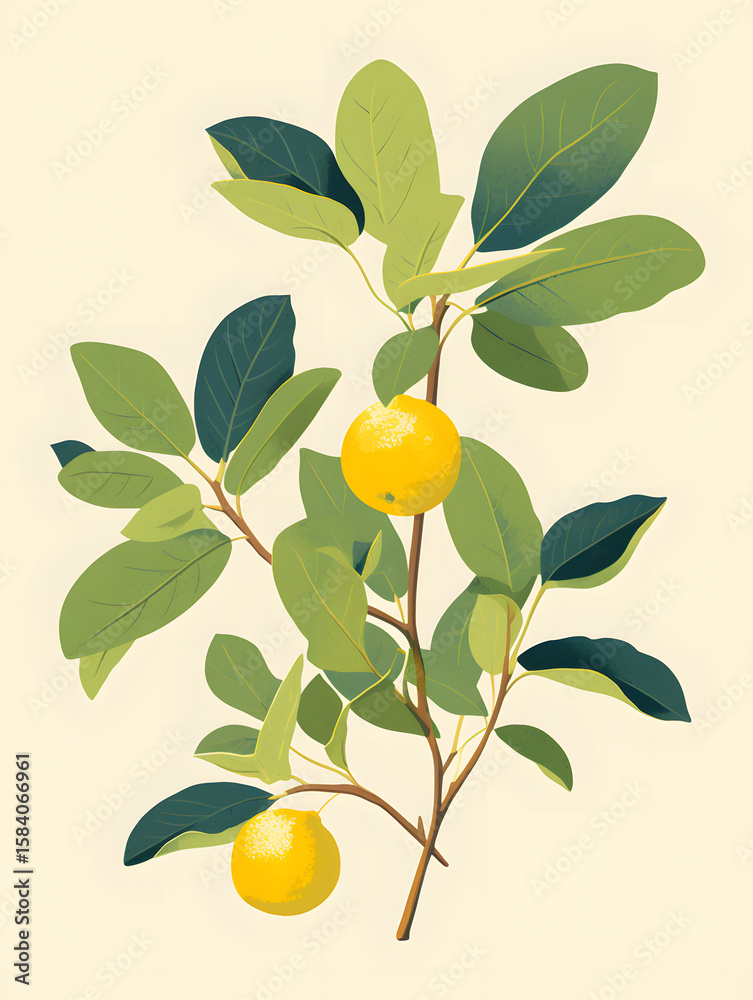 Obraz premium Lemon Tree Branch with Fruits and Leaves Illustration