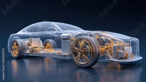 Transparent Electric Vehicle Showing Internal Components and Structure